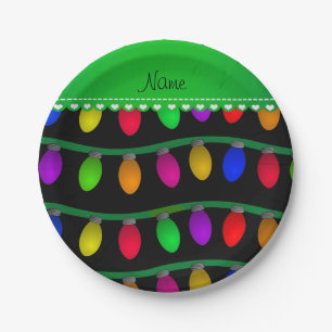 Personalized name black christmas lights paper plate