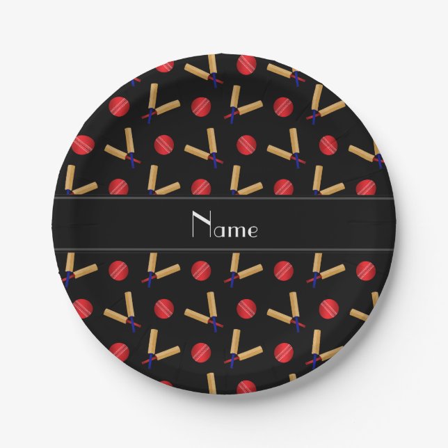 Personalized name black cricket pattern paper plate (Front)