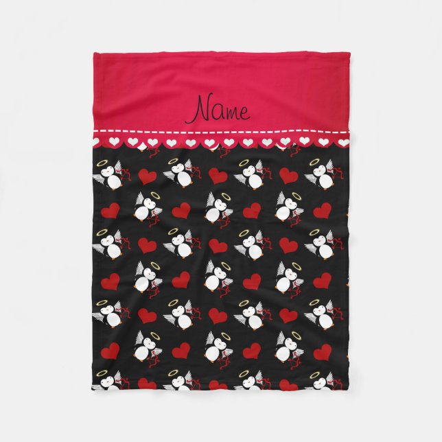 Personalized name black cupid penguins red hearts fleece blanket (Front)