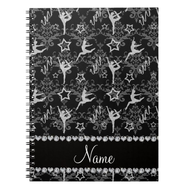 Personalized name black damask gymnastics notebook (Front)