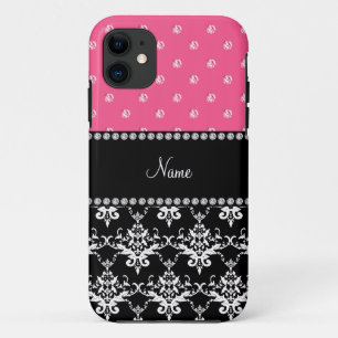 Personalized name black damask pink diamonds iPhone 11 case