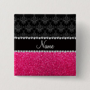 Personalized name black damask pink glitter 2 inch square button