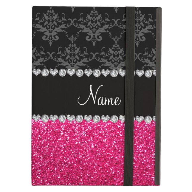 Personalized name black damask pink glitter iPad air case (Front Closed)