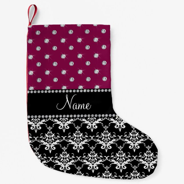 Personalized name black damask plum purple diamond small christmas stocking (Front)