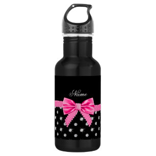 Personalized name black diamonds pink bow 532 ml water bottle