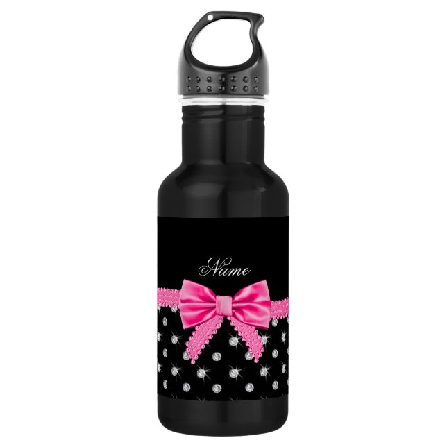 Personalized name black diamonds pink bow 532 ml water bottle (Front)