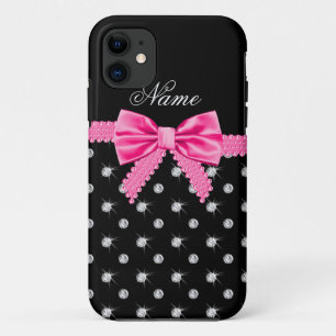 Personalized name black diamonds pink bow iPhone 11 case