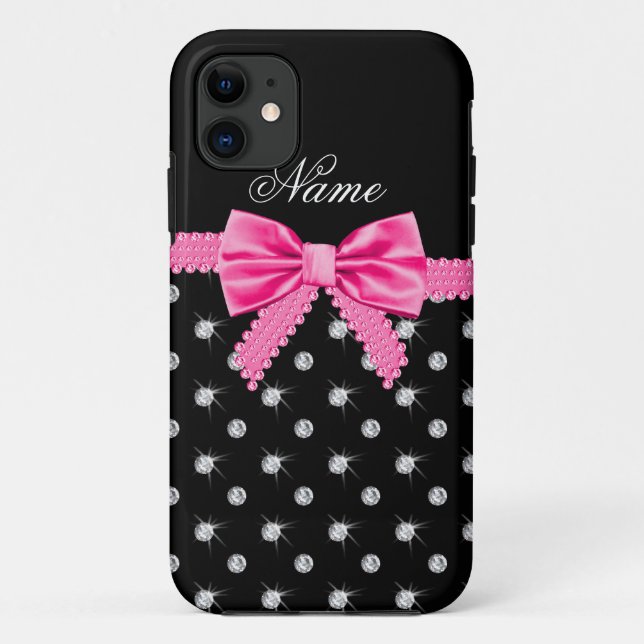 Personalized name black diamonds pink bow Case-Mate iPhone case (Back)