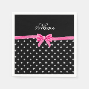 Personalized name black diamonds pink bow napkin
