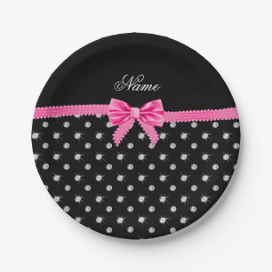 Personalized name black diamonds pink bow paper plate