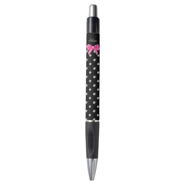 Personalized name black diamonds pink bow pen (Front Vertical)