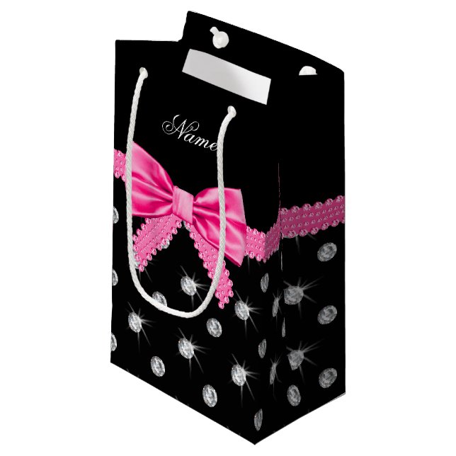 Personalized name black diamonds pink bow small gift bag (Front Angled)