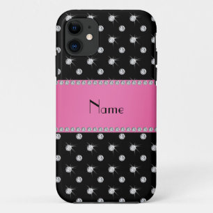 Personalized name black diamonds pink stripe iPhone 11 case