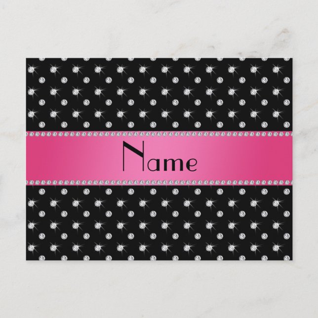 Personalized name black diamonds pink stripe postcard (Front)