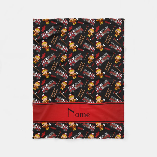 Personalized name black firemen trucks ladders fleece blanket (Front)