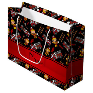 Personalized name black firemen trucks ladders large gift bag