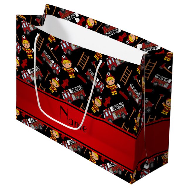 Personalized name black firemen trucks ladders large gift bag (Front Angled)