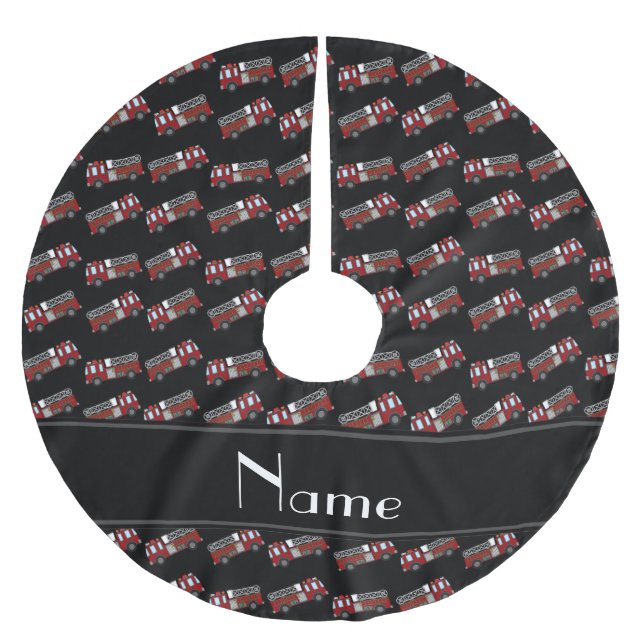 Personalized name black firetrucks brushed polyester tree skirt (Front)