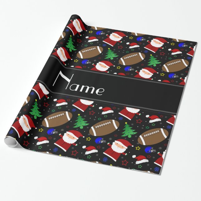 Personalized name black football christmas wrapping paper (Unrolled)