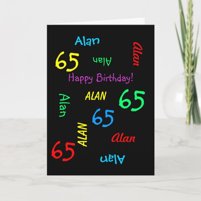 Personalized Name, Black Fun, 65th Birthday Adult Card (Front)