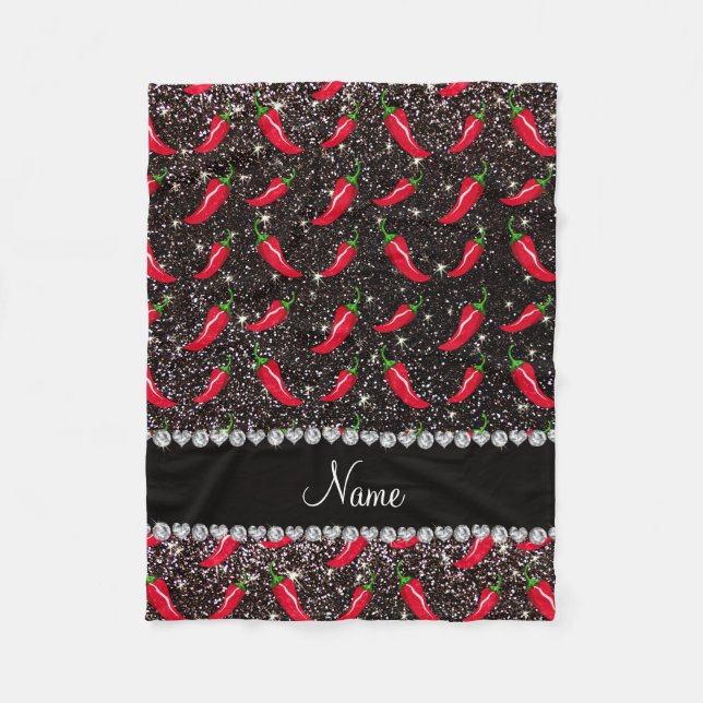 Personalized name black glitter chili pepper fleece blanket (Front)
