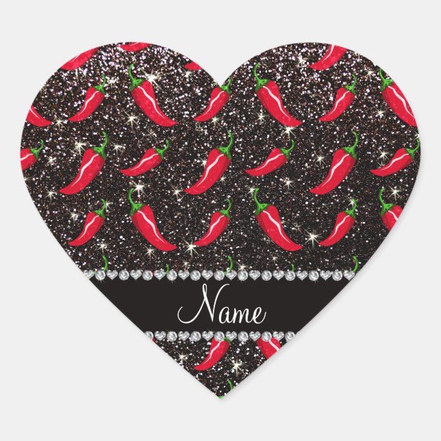 Personalized name black glitter chili pepper heart sticker (Front)