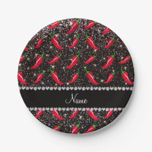 Personalized name black glitter chili pepper paper plate