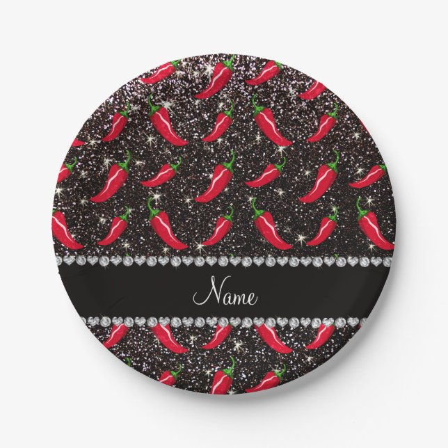 Personalized name black glitter chili pepper paper plate (Front)