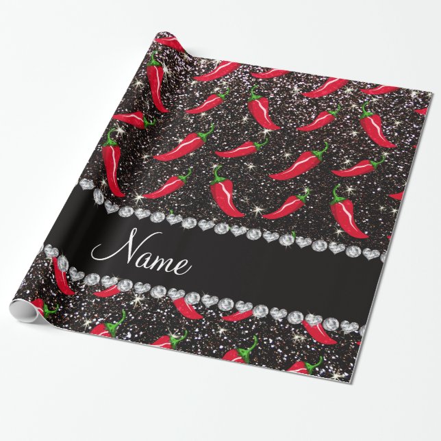 Personalized name black glitter chili pepper wrapping paper (Unrolled)