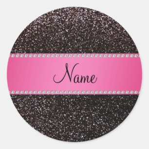 Personalized name black glitter pink stripe classic round sticker