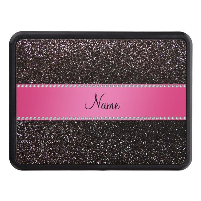 Personalized name black glitter pink stripe trailer hitch cover (Front)