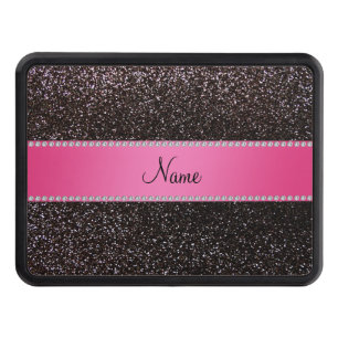 Personalized name black glitter pink stripe trailer hitch cover
