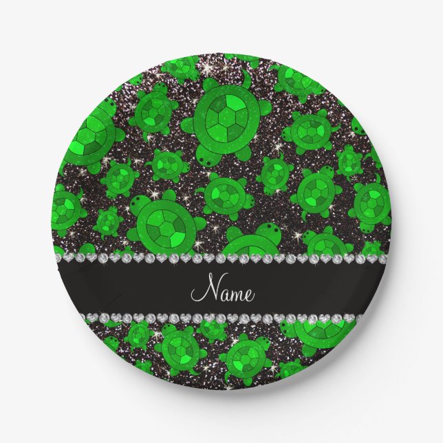 Personalized name black glitter sea turtles paper plate (Front)