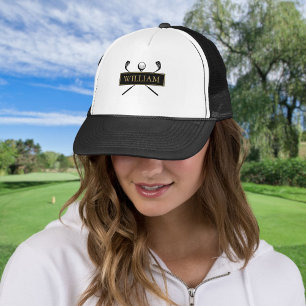 Personalized Name Black Gold Golf Ball And Clubs Trucker Hat