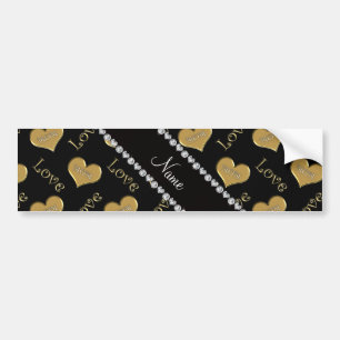 Personalized name black gold hearts mom love bumper sticker