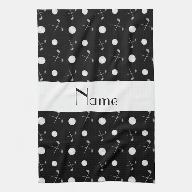 Personalized name black golf balls kitchen towel (Vertical)