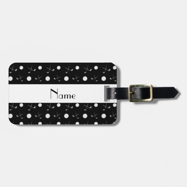 Personalized name black golf balls luggage tag (Front Horizontal)