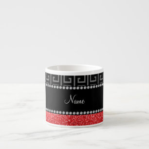 Personalized name black greek key red glitter espresso cup