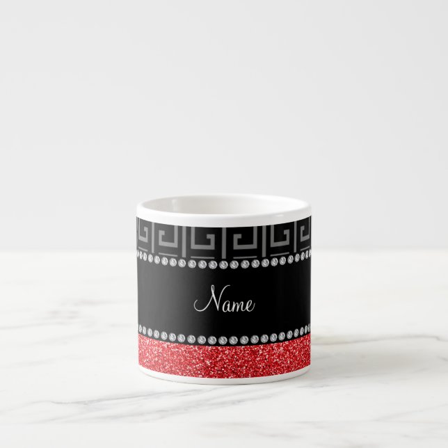 Personalized name black greek key red glitter espresso cup (Front)
