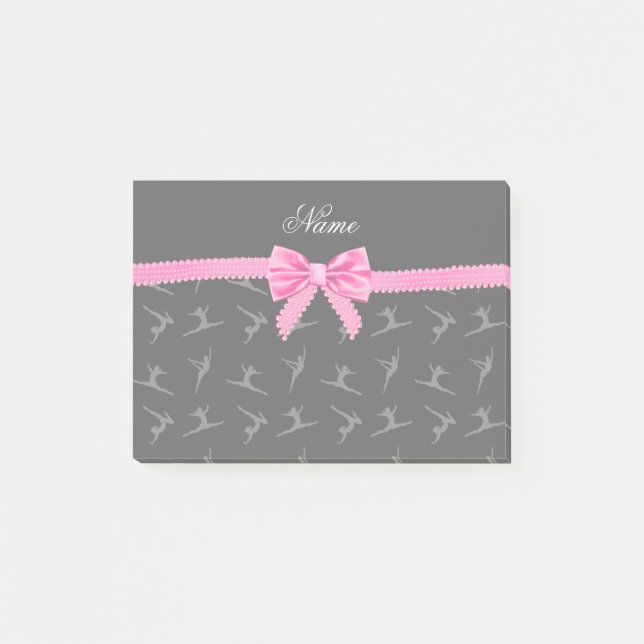 Personalized name black gymnastics pink bow post-it notes (Front)