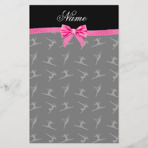 Personalized name black gymnastics pink bow stationery