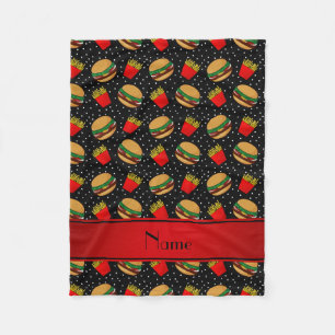 Personalized name black hamburgers fries dots fleece blanket