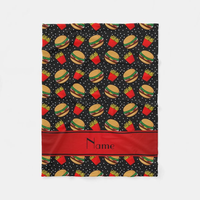 Personalized name black hamburgers fries dots fleece blanket (Front)