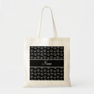 Personalized name black hearts and paw prints tote bag