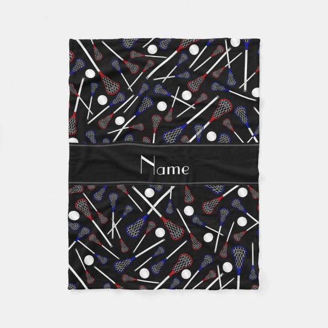 Personalized name black lacrosse pattern fleece blanket (Front)