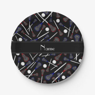 Personalized name black lacrosse pattern paper plate