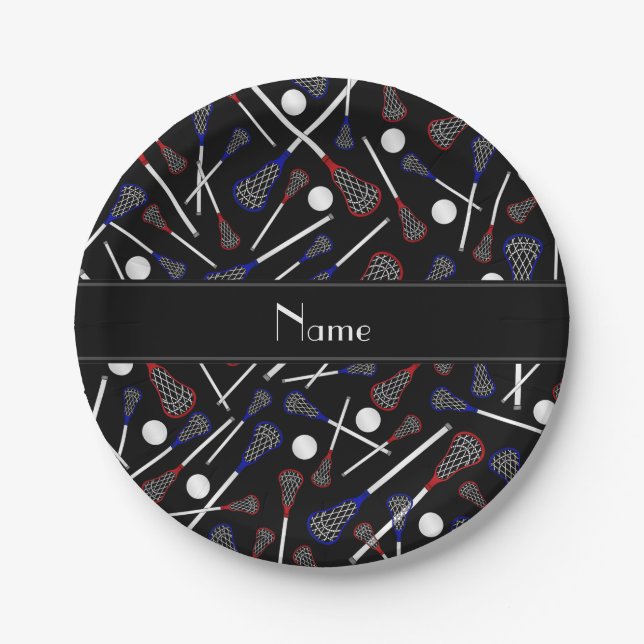 Personalized name black lacrosse pattern paper plate (Front)