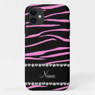 Personalized name black light pink zebra stripes iPhone 11 case