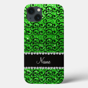 Personalized name black lime green glitter swirls iPhone 13 case