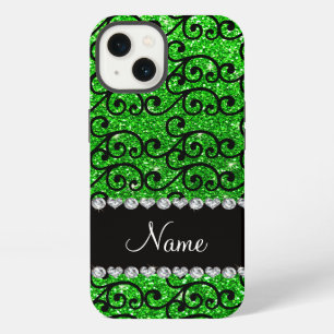 Personalized name black lime green glitter swirls iPhone 13 case